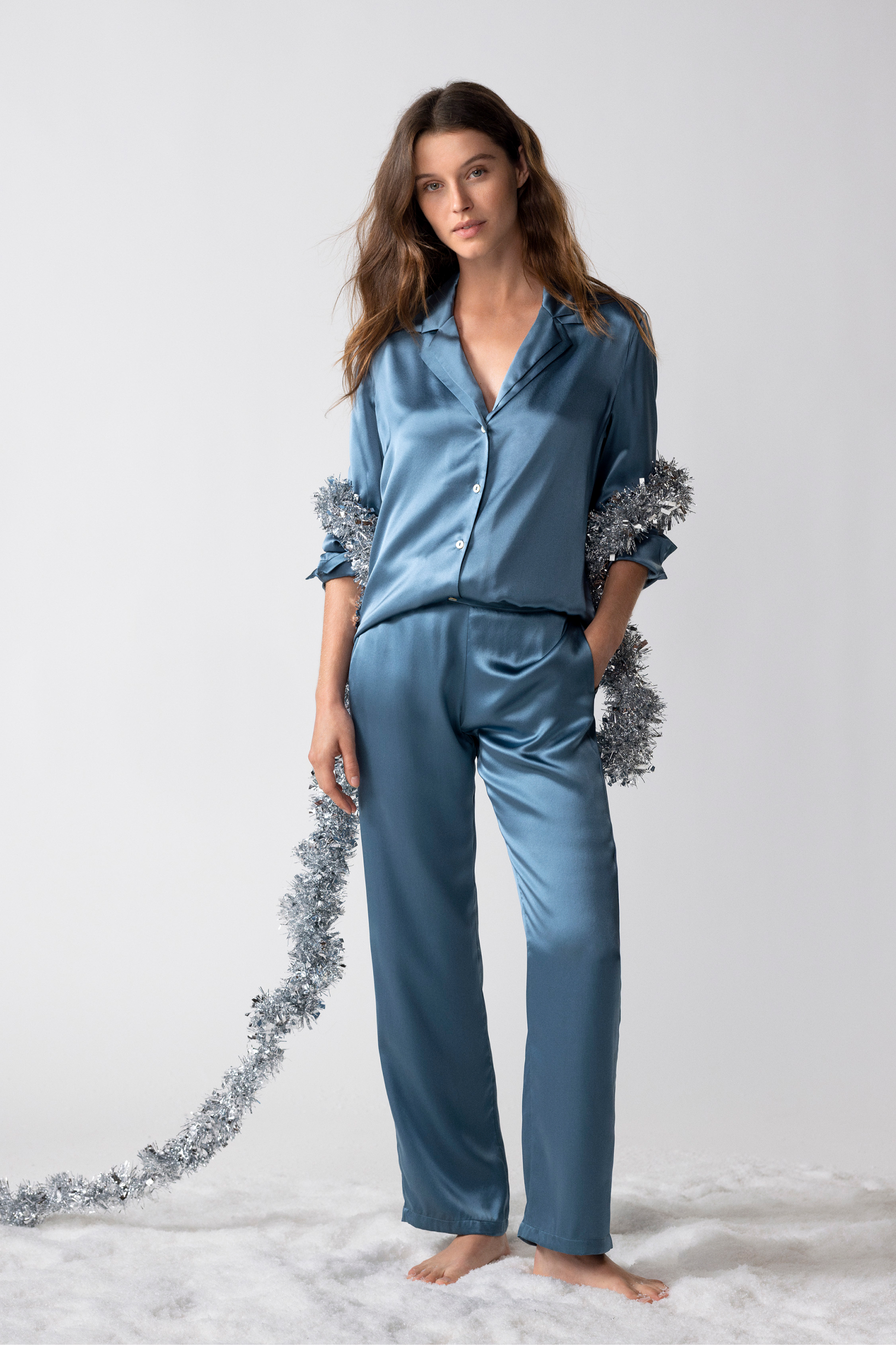 Koszula piżamowa z długimi rękawami z jedwabiu