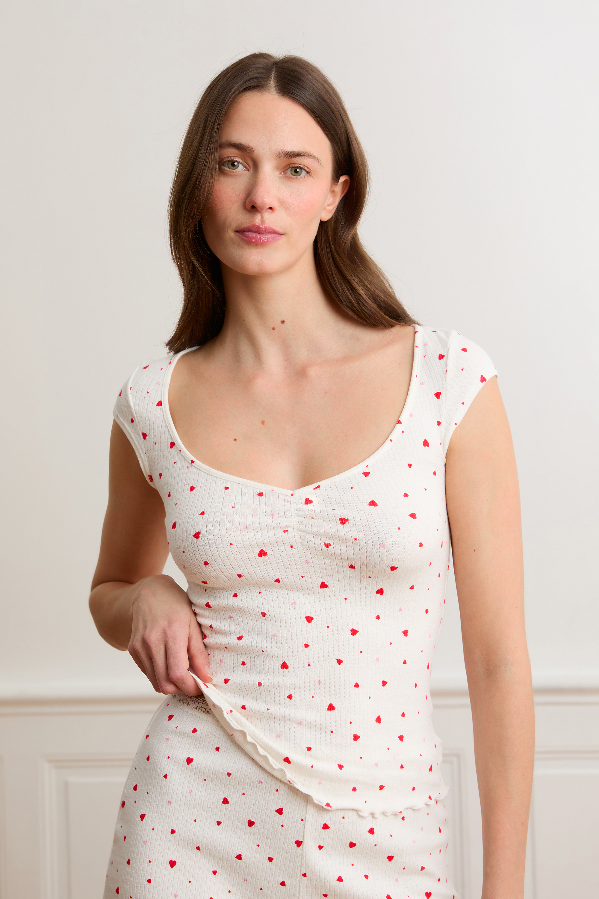 Góra od piżamy z krótkim rękawem z pointelle z motywami serc z bawełny