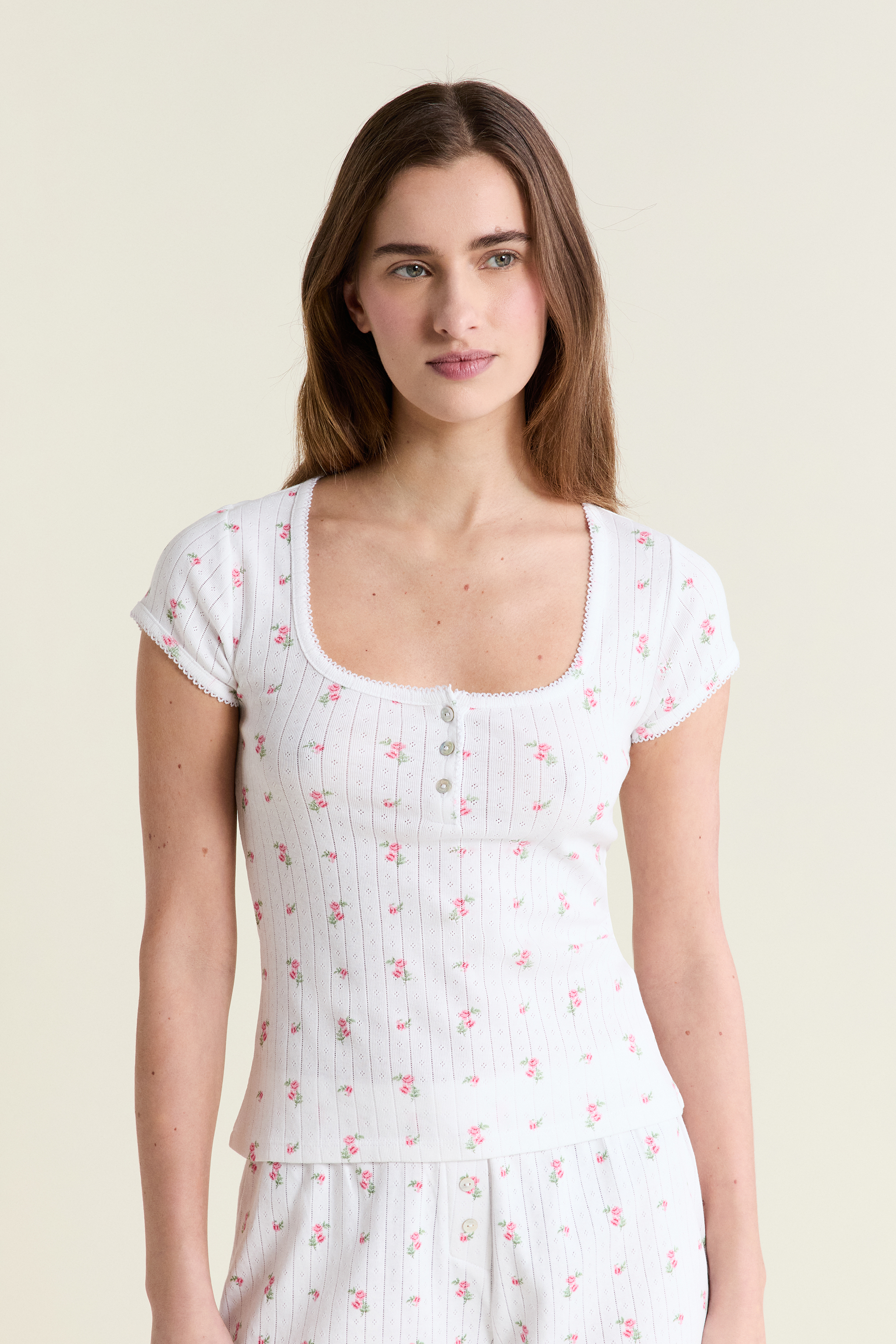 Koszulka piżamowa w wzory z bawełny pointelle