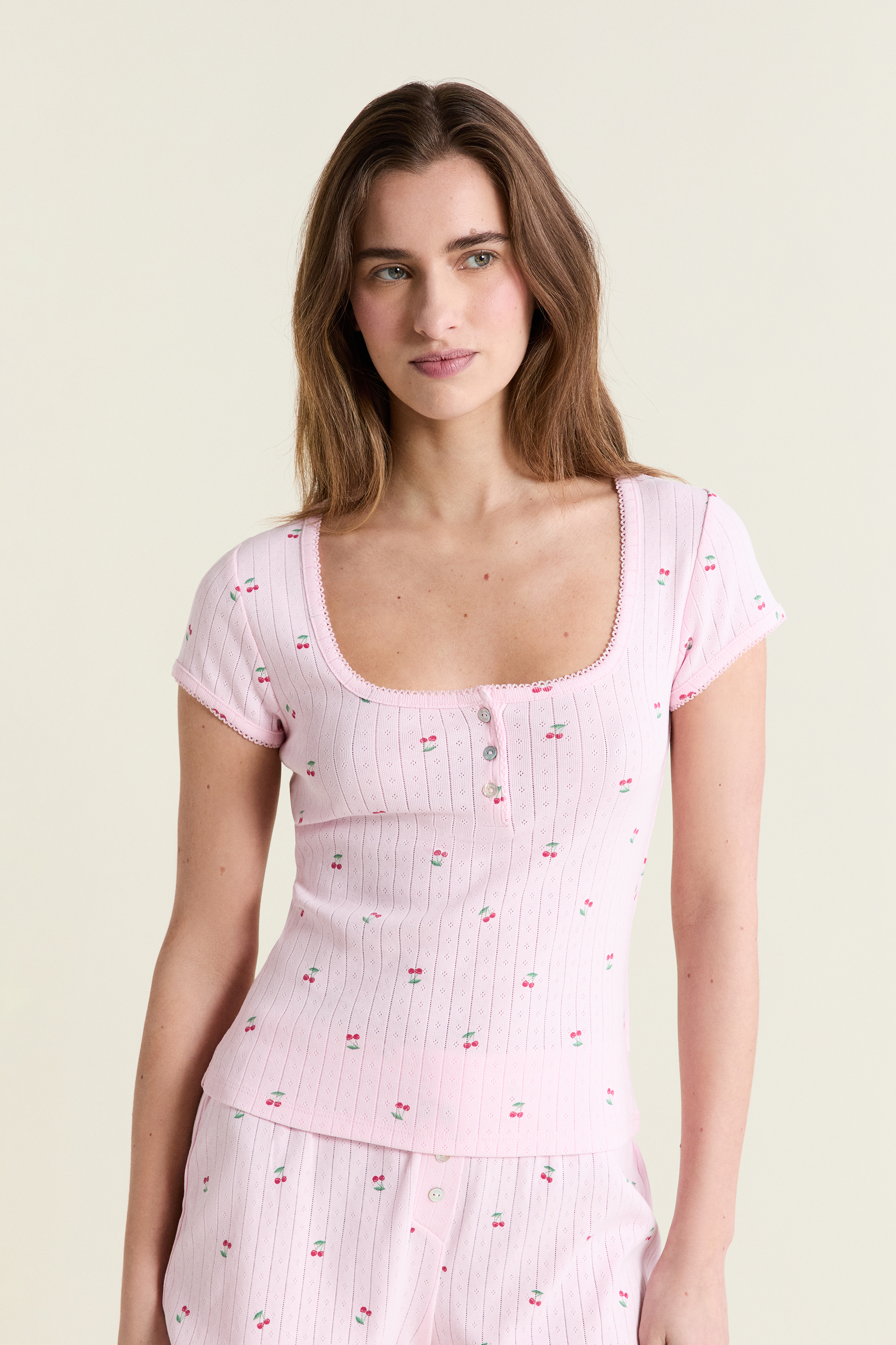 Koszulka piżamowa w wzory z bawełny pointelle