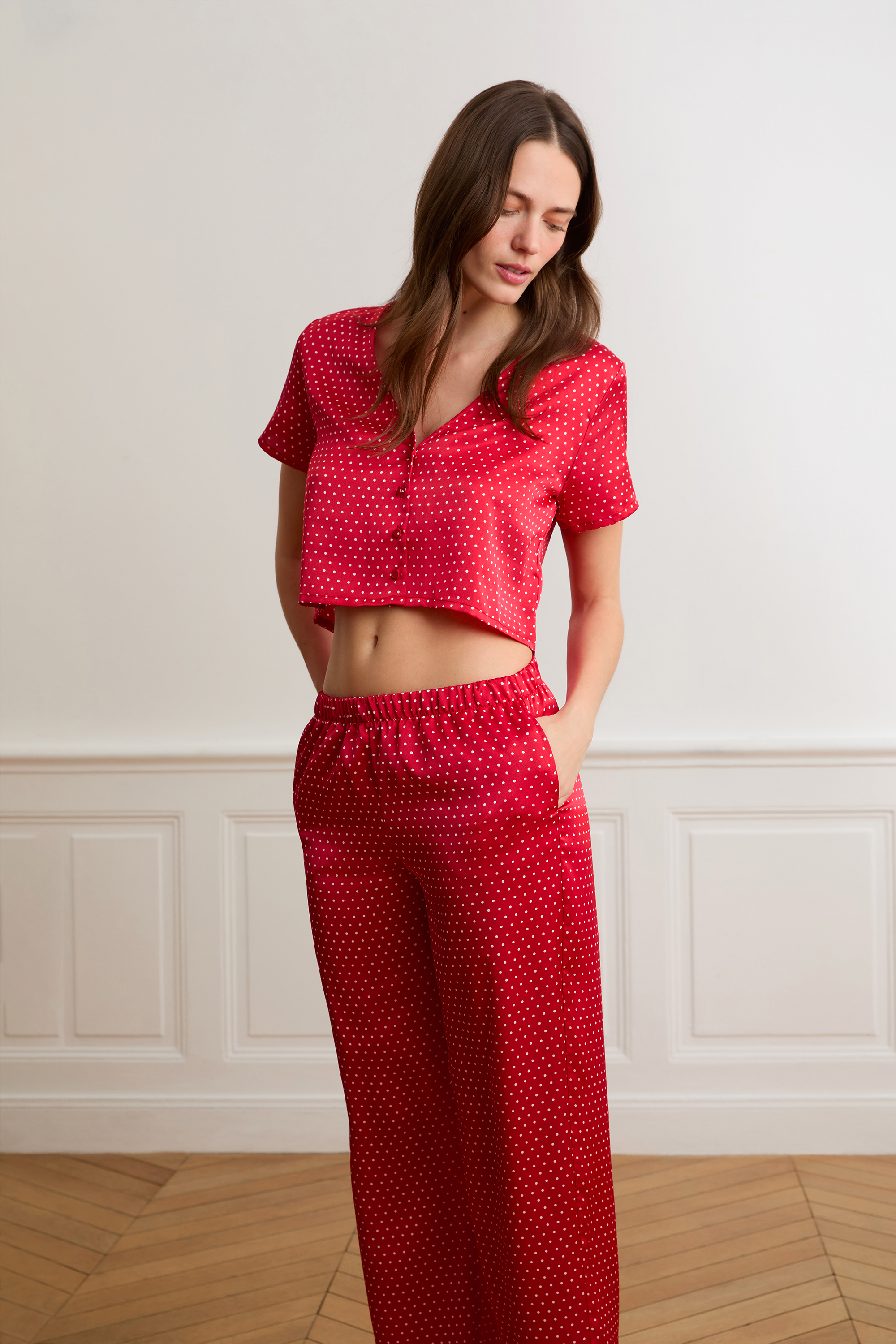 Spodnie piżamowe satynowe w groszki